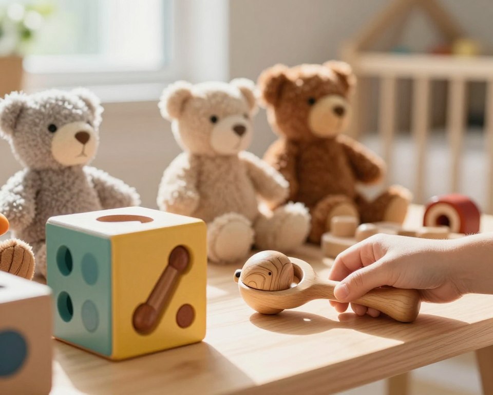 A beautifully arranged display of wooden and natural material toys showcasing their benefits. In the foreground, a vibrant, textured wooden block puzzle and a hand-crafted wooden rattle are prominently featured, reflecting an organic aesthetic. The middle ground contains an assortment of natural plush toys in soft earth tones, accentuating the gentle feel of the materials. In the background, a softly blurred nursery setting with warm sunlight streaming through a window creates a cozy atmosphere. Use a 50mm lens for a shallow depth of field, capturing the intricate details of the toys while keeping the background subtly out of focus. The mood is inviting and warm, emphasizing the natural beauty and educational benefits of these toys in a Montessori-inspired environment.