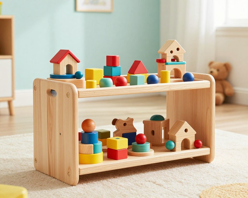 A beautifully arranged wooden toy organizer displayed in a bright, sunlit room. In the foreground, the organizer features multiple compartments filled with colorful wooden toys, stacked neatly, showcasing shapes like cubes, animals, and puzzles. The middle layer shows a gentle-curved, natural wood finish, emphasizing its eco-friendly design. In the background, soft pastel-colored walls and a cozy rug enhance the playful atmosphere, with a few plush toys visible. The scene is captured with a 50mm lens at a slight angle, creating a warm, inviting ambiance with soft, diffused lighting. The overall mood is cheerful and organized, reflecting a nurturing space for children to learn and play.
