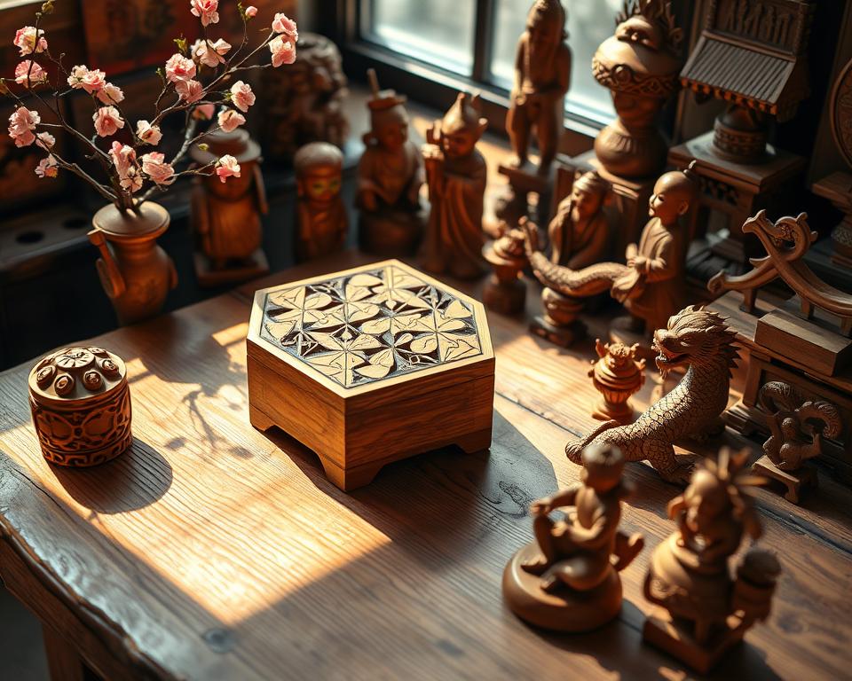 A beautifully crafted wooden puzzle box sits atop a rustic wooden table, its intricate geometric patterns casting subtle shadows across the surface. Surrounding it, an assortment of handcrafted wooden figurines, carved with meticulous detail, depict traditional Asian motifs - delicate cherry blossoms, majestic dragons, and serene landscapes. The scene is bathed in warm, natural lighting, creating a sense of tranquility and timeless craftsmanship. A 50mm lens captures the scene at a slight angle, emphasizing the depth and texture of the wooden textures. The overall mood is one of cultural richness and the enduring appeal of handmade Asian wooden gifts and souvenirs.