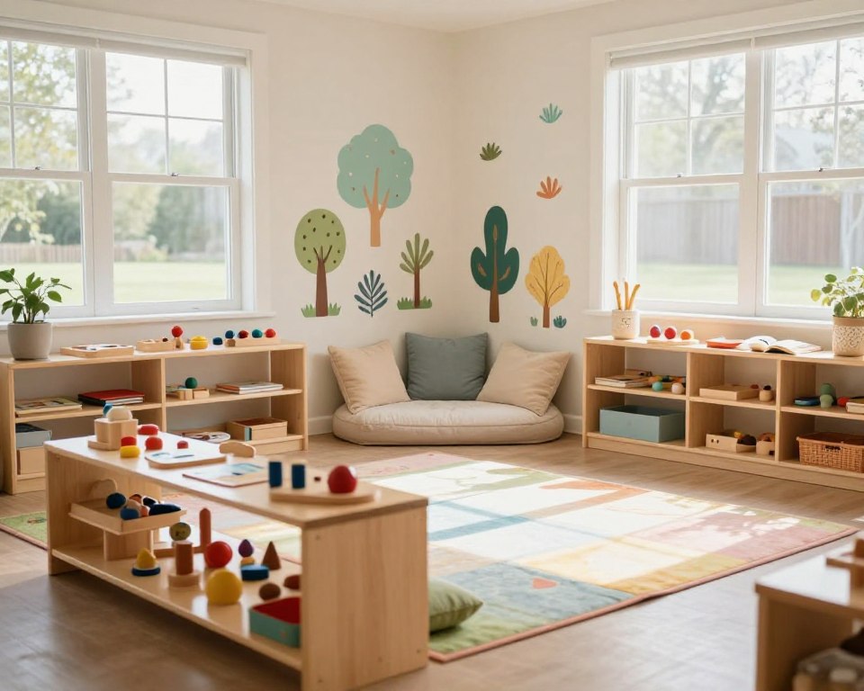 A beautifully organized Montessori playroom set in a sunlit corner of a home. In the foreground, a range of wooden toys and educational materials are neatly arranged on low, accessible shelves. Soft, colorful rugs define distinct play areas for different activities, such as art and reading. In the middle, a cozy reading nook with plush cushions invites creativity and exploration, surrounded by vibrant wall decals of nature. The background features large windows allowing natural light to flood in, illuminating the space with a warm, inviting glow. A light, airy color palette of soft pastels enhances the serene atmosphere, creating a calm yet stimulating environment for children. Captured with a 35mm lens, this scene evokes a sense of harmony and thoughtful design, perfect for inspiring families to create their ideal Montessori playroom.
