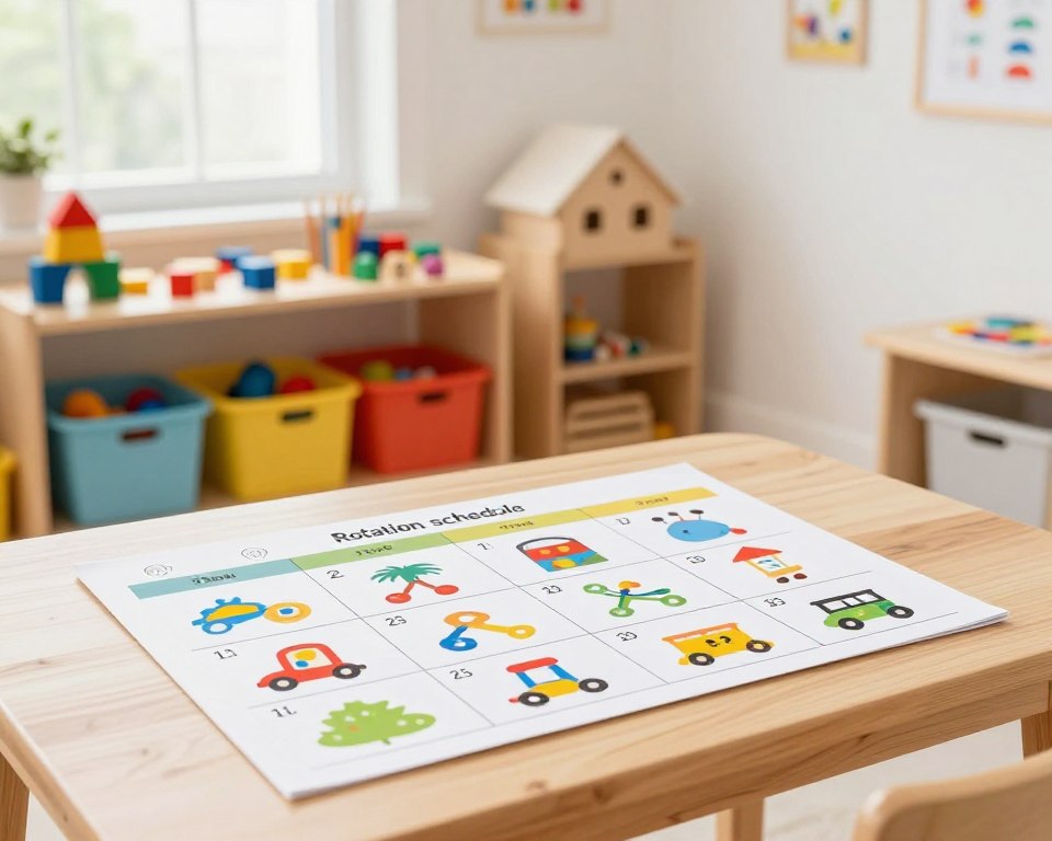 A beautifully organized toy rotation schedule displayed on a light wooden table in a bright, airy playroom. In the foreground, the schedule features colorful illustrations of various toys, each accompanied by hand-drawn labels indicating the rotation dates. In the middle ground, neatly arranged toy bins and a small shelf showcase Montessori-style toys, such as blocks, puzzles, and art supplies, all vibrant and inviting. In the background, large windows allow soft, natural light to stream in, illuminating the space and creating a warm, inviting atmosphere. A subtle depth of field effect gives a professional touch, focusing on the toy schedule while gently blurring the background. The overall mood is joyful and organized, encouraging a peaceful play environment.