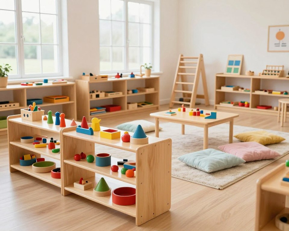 A bright and inviting Montessori playroom filled with neatly organized wooden toy storage solutions. In the foreground, a beautifully crafted wooden shelf holds an array of colorful, educational toys arranged by size and type. Soft, natural light filters in through large windows, creating a warm and cheerful atmosphere. In the middle, a cozy area rug sits beneath a low table, surrounded by plush seating cushions in gentle pastel colors, inviting children to engage in imaginative play. In the background, additional wooden resources like a climbing structure and art station can be seen, promoting an open, clutter-free environment. Shot with a wide-angle lens at eye level for a realistic perspective, this image captures the essence of a well-organized Montessori playroom that encourages learning and creativity.