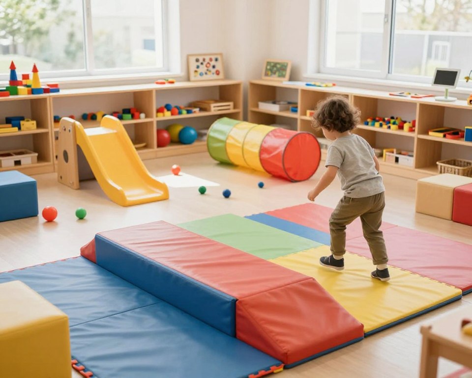 A bright and inviting Montessori toy room filled with various gross motor skills activities. In the foreground, a colorful soft play area with foam mats, balance beams, and low climbing structures, where a child in modest casual clothing is seen climbing and exploring. In the middle, an open space featuring a small slide, colorful balls, and a soft play tunnel, encouraging active movement. In the background, shelves neatly arranged with educational toys, like building blocks and sorting games, while a gentle natural light filters in through large windows, creating a warm and cheerful atmosphere. The camera angle is slightly elevated, capturing the entire playroom's layout, providing a sense of openness and engagement in developmental activities. The overall mood is playful, energetic, and nurturing.