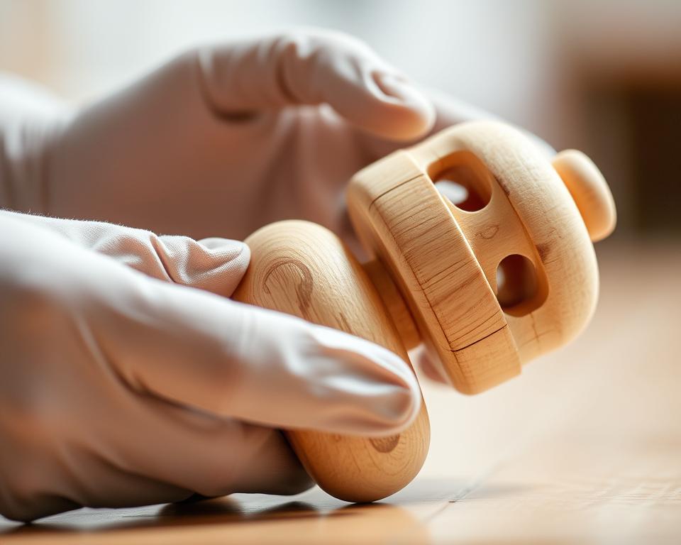 A close-up shot of a wooden toy undergoing a thorough inspection for potential choking hazards. Soft, even lighting illuminates the detailed textures of the object, allowing every nook and cranny to be examined with care. A pair of nimble, gloved hands delicately manipulate the toy, searching for any loose parts, sharp edges or small detachable components that could pose a risk to young children. The scene is captured with a macro lens, creating a sense of focus and precision, as if the viewer is directly participating in the safety assessment process. The overall mood is one of diligence and attention to detail, emphasizing the importance of ensuring toy safety.
