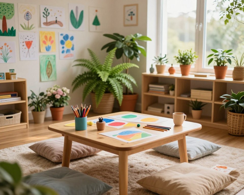 A cozy Montessori playroom filled with natural elements and artistic touches. In the foreground, a wooden play table with colorful, eco-friendly art supplies, surrounded by soft, plush rugs and cushions. The middle ground features a variety of indoor plants, including ferns and small potted flowers, adding a touch of greenery. A wall of art displays children’s drawings and nature-inspired murals, enhancing the creative atmosphere. In the background, large windows allow soft, warm sunlight to filter in, creating a serene ambiance. The scene is captured from a slightly elevated angle, using a 35mm lens to provide a balanced perspective. The mood is inviting and inspiring, ideal for children to explore creativity in a nurturing environment.