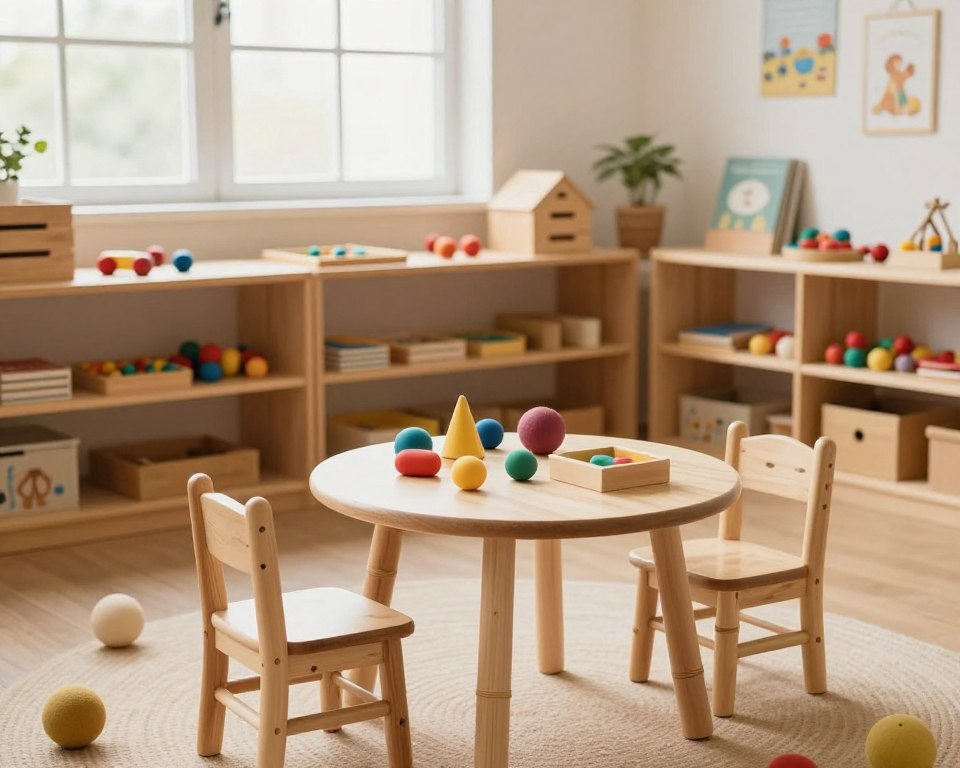 A cozy Montessori toy room featuring child-sized furniture made from natural materials like bamboo and recycled wood. In the foreground, a small circular table and matching chairs are set up, with colorful, soft, eco-friendly toys scattered around. The middle of the room showcases a low wooden shelving unit, filled with neatly organized toys, art supplies, and books in simple, inviting arrangements. The background has large windows allowing soft, natural light to flood the space, illuminating the warm, earthy tones of the decor. The atmosphere is calm and nurturing, perfect for creative play and learning. Use a wide-angle lens to capture the room in detail, emphasizing the inviting layout and warm textures while maintaining a soft focus on the edges to create a serene mood.