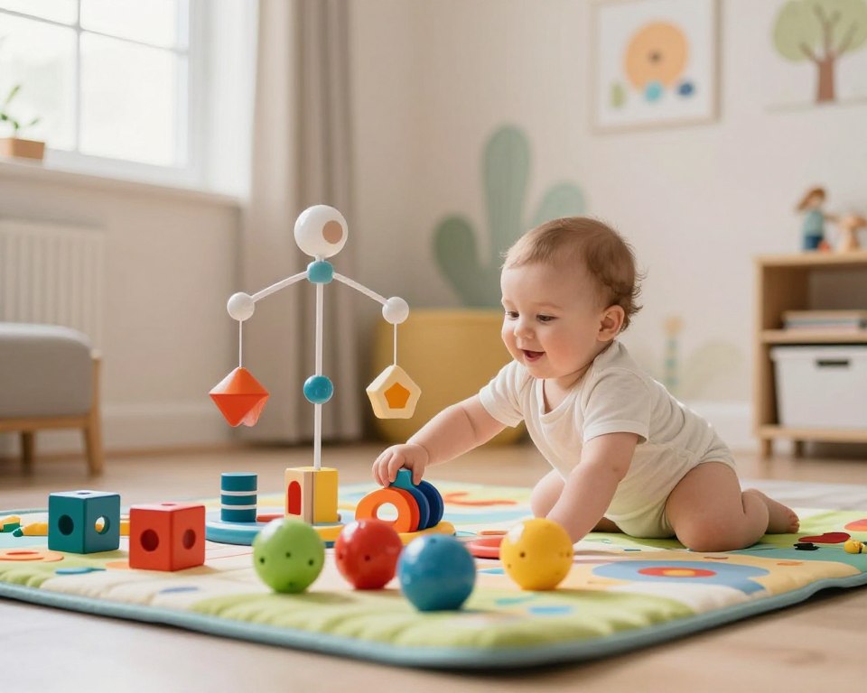 A cozy infant playroom scene filled with vibrant Montessori toys designed for visual sensory stimulation. In the foreground, a soft, colorful play mat features an array of safe toys, such as brightly colored wooden blocks, sensory balls, and hanging mobiles with geometric shapes. A gentle light filters in from a nearby window, casting a warm, inviting glow. The middle ground includes a happy, playful infant dressed in a modest onesie, reaching out to explore the toys, with a look of wonder on their face. The background shows soft pastel walls adorned with playful, nature-inspired artwork. The atmosphere is serene and joyful, capturing the essence of early sensory development. A shallow depth of field emphasizes the baby and toys, while ensuring the playroom remains airy and inviting. A cozy infant playroom scene filled with vibrant Montessori toys designed for visual sensory stimulation. In the foreground, a soft, colorful play mat features an array of safe toys, such as brightly colored wooden blocks, sensory balls, and hanging mobiles with geometric shapes. A gentle light filters in from a nearby window, casting a warm, inviting glow. The middle ground includes a happy, playful infant dressed in a modest onesie, reaching out to explore the toys, with a look of wonder on their face. The background shows soft pastel walls adorned with playful, nature-inspired artwork. The atmosphere is serene and joyful, capturing the essence of early sensory development. A shallow depth of field emphasizes the baby and toys, while ensuring the playroom remains airy and inviting.