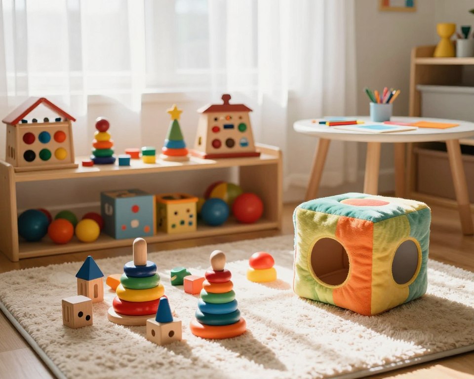 A cozy, sunlit Montessori playroom featuring an array of age-appropriate toys and activities for infants and toddlers. In the foreground, a soft, textured play mat displays colorful wooden blocks, stacking rings, and a plush activity cube. In the middle, a low shelf holds educational toys such as shape sorters and sensory balls, all meticulously arranged to engage young learners. Behind them, gentle sunlight filters through sheer curtains, casting a warm glow on a small table with simple art supplies like crayons and paper. The atmosphere is inviting and serene, encouraging exploration and discovery, with a sense of warmth and safety. Capture the scene using a 35mm lens to give a natural perspective, focusing on vibrant colors and textures that reflect the essence of Montessori learning environments.