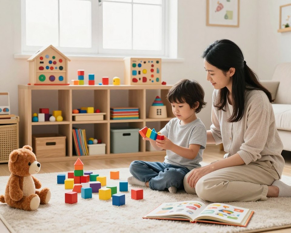 A cozy, well-lit room filled with a variety of children's toys organized in distinct areas. In the foreground, a mother and child sit on a soft rug, surrounded by colorful blocks, plush animals, and open books as they thoughtfully assess the toy collection. The mother, dressed in casual attire, is holding a toy up to show it to the child, who is inspecting it with curiosity. In the middle, a wooden shelf displays neatly arranged educational toys and art supplies. The background features a bright window allowing natural light to flood the room, creating a warm and inviting atmosphere. The scene captures a sense of calm and purpose, emphasizing organization and mindful assessment of toys, with a shallow depth of field focusing on the characters and toys in the foreground.