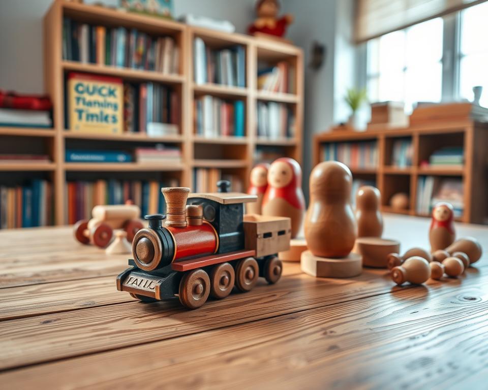 A cozy, well-lit wooden table showcases an array of high-quality, handcrafted wooden toys. In the foreground, a vibrant train engine with intricate details captivates the viewer. In the middle ground, a set of nesting dolls in rich hues invites exploration. The background features a bookshelf stocked with children's books, creating a warm, educational atmosphere. The scene is captured with a wide-angle lens, emphasizing the depth and balance of the composition. Soft, natural lighting from a nearby window casts a gentle glow, highlighting the organic textures and warm tones of the wooden pieces. This image conveys the thoughtful selection of durable, engaging toys that can nurture a child's development and imagination. A cozy, well-lit wooden table showcases an array of high-quality, handcrafted wooden toys. In the foreground, a vibrant train engine with intricate details captivates the viewer. In the middle ground, a set of nesting dolls in rich hues invites exploration. The background features a bookshelf stocked with children's books, creating a warm, educational atmosphere. The scene is captured with a wide-angle lens, emphasizing the depth and balance of the composition. Soft, natural lighting from a nearby window casts a gentle glow, highlighting the organic textures and warm tones of the wooden pieces. This image conveys the thoughtful selection of durable, engaging toys that can nurture a child's development and imagination.