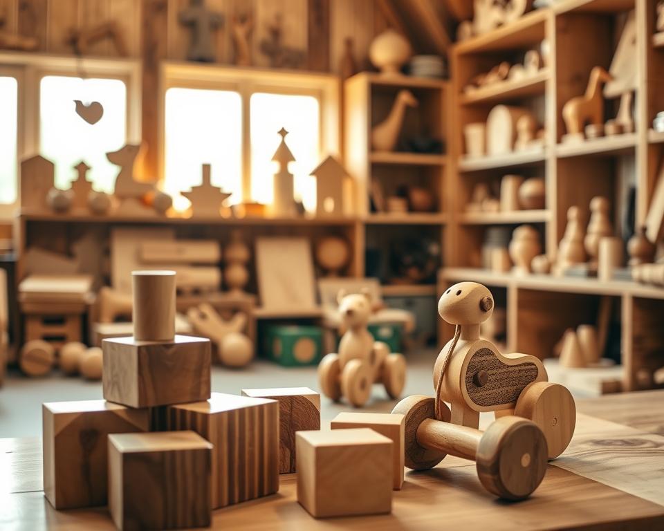 A cozy, well-lit wooden workshop filled with an assortment of hand-crafted developmental toys for children. In the foreground, a set of beautifully stained wooden building blocks in various geometric shapes, their smooth surfaces inviting little hands to explore. In the middle ground, a delicate wooden pull-toy in the shape of a smiling animal, its string leading to a child's outstretched hand. Shelves in the background display an array of wooden puzzles, shape sorters, and stacking cups, each piece meticulously crafted to stimulate a child's cognitive and motor skills. Warm, natural lighting filters through the workshop's windows, casting a soft glow on the toys and evoking a sense of timeless craftsmanship and care.