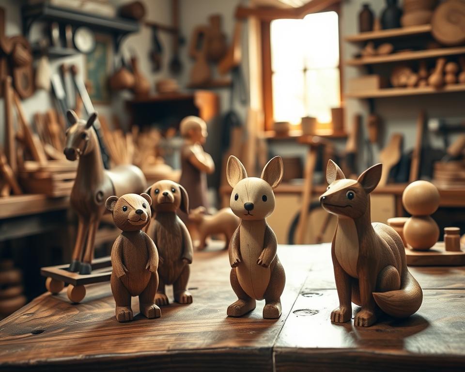A cozy workshop filled with the warm glow of natural light, showcasing a collection of handcrafted wooden toys. Intricate details and textures of the carved figurines, from a rocking horse to a whimsical doll, are captured in sharp focus. The artisan's skilled hands shape and polish the wood, imbuing each piece with a sense of timeless craftsmanship. In the foreground, a group of wooden animals - a playful bear, a curious rabbit, and a friendly fox - stand atop a polished wooden table, their expressions full of character. The background reveals a wall of neatly organized tools and materials, hinting at the meticulous process behind these cherished heirlooms. The scene exudes a warm, nostalgic atmosphere, inviting the viewer to imagine the joy and care that goes into creating these family-owned wooden treasures.