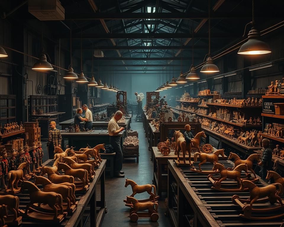 A dimly lit industrial workshop, its walls adorned with cogs and gears, the air thick with the scent of sawdust and freshly painted wood. In the foreground, intricate wooden toys - soldiers, rocking horses, and pull-along animals - are being carefully assembled by the skilled hands of factory workers, their faces illuminated by the warm glow of overhead lamps. In the middle ground, machines whir and belts convey half-finished toys, while in the background, a vast array of finished products awaits packaging and shipping, a testament to the rapid industrialization transforming the once-quaint world of handcrafted toys. Captured with a wide-angle lens and dramatic chiaroscuro lighting, the scene evokes the profound shift from cottage industry to mass production during the Industrial Revolution.