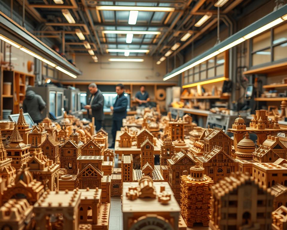 A futuristic puzzle workshop with a warm, inviting ambiance. In the foreground, an array of intricate wooden puzzles take shape, their intricate designs and vibrant hues illuminated by soft, diffused lighting. Midground, a group of skilled artisans meticulously assemble the puzzles, their hands moving with precision and focus. In the background, sleek, high-tech machines integrate seamlessly with the traditional craftsmanship, suggesting a harmonious blend of old and new. The scene is captured through the lens of a high-end mirrorless camera, using a wide-angle lens to convey a sense of depth and grandeur. The overall mood is one of innovation, creativity, and a reverence for the enduring legacy of Asian wooden puzzle traditions.