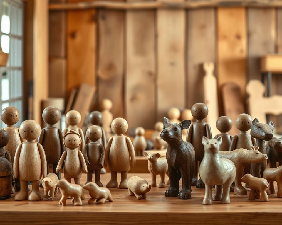 A handcrafted wooden toy display set against a warm, rustic backdrop. In the foreground, a collection of meticulously carved figurines and animals, each with its own distinct personality and attention to detail. Smooth, natural grains and muted tones create a timeless, heirloom-quality aesthetic. The middle ground features a simple wooden shelf or table, allowing the toys to take center stage. The background is a softly-lit, inviting space, perhaps a cozy workshop or gallery, with subtle hints of aged wood paneling or earthy, textured walls. Captured with a medium-format camera and a 50mm prime lens, the image conveys a sense of craftsmanship, tradition, and the enduring appeal of handmade toys.