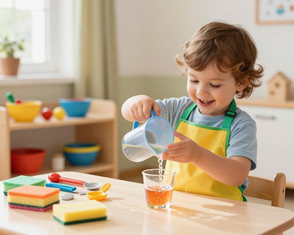 A joyful toddler, wearing a bright, colorful apron, is engaged in building practical life skills by pouring water from a small pitcher into a cup at a child-sized table. In the foreground, focus on the child’s expressive face, showcasing concentration and excitement, with vibrant, educational Montessori toys scattered around. In the middle ground, include a neatly organized shelf filled with various practical life activity tools like sponges, bowls, and small utensils. The background features a softly lit indoor environment with warm, natural light streaming through a window, casting gentle shadows. Use a 50mm lens for a crisp, realistic depth of field, capturing the vivid colors of the toys and the warmth of the setting to evoke a nurturing and playful atmosphere.