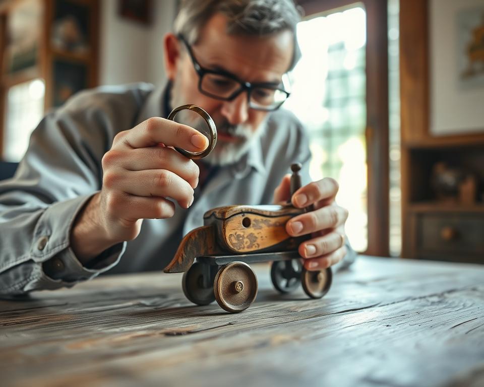 A professional antique toy collector meticulously examines an exquisite vintage wooden toy under soft, diffused natural light streaming through a large window. The toy is positioned on a worn, weathered wooden table, the patina of age visible in the grain. The collector's hands, adorned with a jeweler's loupe, carefully inspect every detail, evaluating the condition of the delicate carved features, the wear on the painted surfaces, and the integrity of the joints. The scene conveys a sense of reverence and attention to the historical significance of the object, captured with a shallow depth of field that isolates the toy and emphasizes the thoughtful examination.