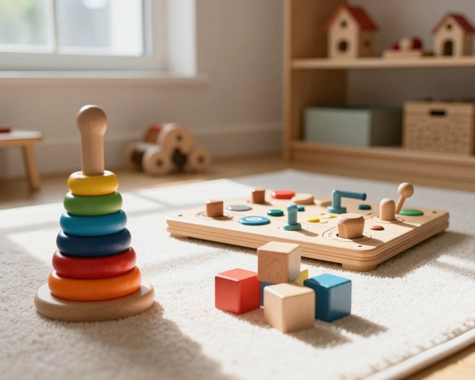 A serene, softly lit playroom featuring an array of natural wooden Montessori materials. In the foreground, a beautifully crafted wooden stacking toy and a set of colorful wooden blocks, all made from sustainable materials, invite interaction. The middle ground showcases a wooden activity board with knobs, levers, and textures, promoting fine motor skills. Soft natural light streams in from a window, creating gentle shadows and illuminating the rich textures of the wood. The background includes shelves filled with various wooden toys and educational materials, exuding a cozy and inviting atmosphere. The scene captures the essence of exploration and learning in a nurturing environment, ideal for toddlers and preschoolers. Use a 50mm lens for a shallow depth of field to focus on the toys. A serene, softly lit playroom featuring an array of natural wooden Montessori materials. In the foreground, a beautifully crafted wooden stacking toy and a set of colorful wooden blocks, all made from sustainable materials, invite interaction. The middle ground showcases a wooden activity board with knobs, levers, and textures, promoting fine motor skills. Soft natural light streams in from a window, creating gentle shadows and illuminating the rich textures of the wood. The background includes shelves filled with various wooden toys and educational materials, exuding a cozy and inviting atmosphere. The scene captures the essence of exploration and learning in a nurturing environment, ideal for toddlers and preschoolers. Use a 50mm lens for a shallow depth of field to focus on the toys.