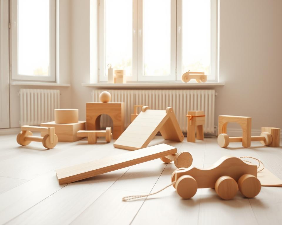 A serene, well-lit Scandinavian scene showcasing a collection of handcrafted wooden play items nestled against a backdrop of a minimalist, pale-toned interior. A wide-angle lens captures the items in sharp focus, highlighting their clean lines, natural textures, and Nordic design aesthetic. The play items, such as simple geometric blocks, ramps, and pull-along toys, are artfully arranged on a pale wooden floor, casting soft shadows that accentuate their three-dimensional forms. Warm, diffused lighting from large windows bathes the scene in a gentle, golden glow, creating a cozy, inviting atmosphere that embodies the essence of Scandinavian minimal design. A serene, well-lit Scandinavian scene showcasing a collection of handcrafted wooden play items nestled against a backdrop of a minimalist, pale-toned interior. A wide-angle lens captures the items in sharp focus, highlighting their clean lines, natural textures, and Nordic design aesthetic. The play items, such as simple geometric blocks, ramps, and pull-along toys, are artfully arranged on a pale wooden floor, casting soft shadows that accentuate their three-dimensional forms. Warm, diffused lighting from large windows bathes the scene in a gentle, golden glow, creating a cozy, inviting atmosphere that embodies the essence of Scandinavian minimal design.