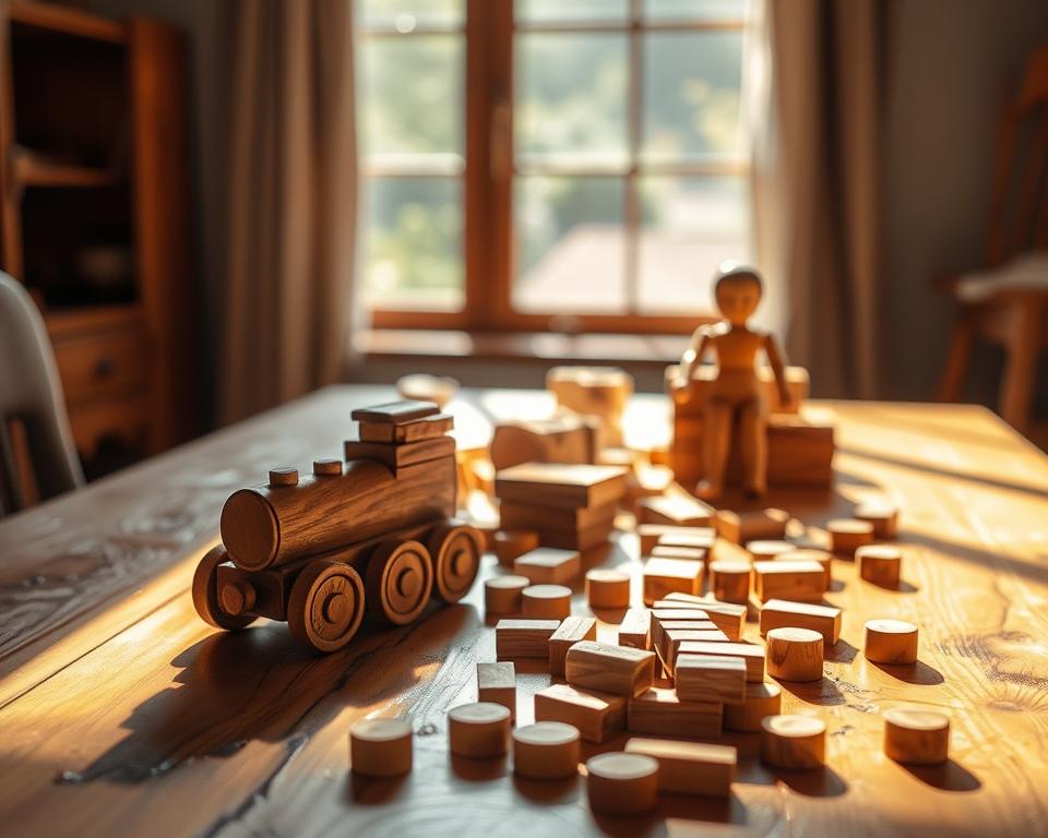 A sun-dappled wooden table, its surface adorned with a scattered array of freshly washed wooden toys. In the foreground, a hand-carved train engine, its once-vibrant paint now faded, rests beside a stack of smooth wooden blocks. In the middle ground, a delicate wooden doll, her limbs slightly askew, waits patiently to be restored. In the background, a soft-focus window frames the scene, allowing natural light to filter in and accentuate the warm, earthy tones of the wood. The atmosphere is one of tranquility and care, as if the toys are being gently coaxed back to life. Captured with a Nikon D850 DSLR and a 50mm f/1.8 lens, the image conveys the meticulous attention required to revive these cherished wooden treasures.