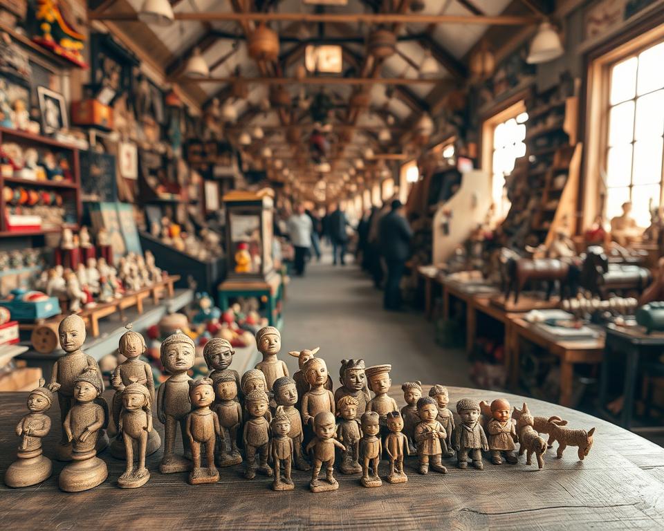 A vibrant antique toy market bustling with activity, captured through the lens of a vintage Leica M3 camera with a 50mm f/1.4 Summilux lens. In the foreground, a kaleidoscope of weathered wooden figurines, meticulously crafted in bygone eras, arranged on a worn oak table. The middle ground reveals a maze of stalls, each overflowing with a treasure trove of nostalgic playthings - rocking horses, pull-toys, and intricate puzzles. In the background, a soft sepia-toned wash of natural light filters through the windows, casting a warm, timeless glow over the scene, transporting the viewer to a bygone era of simple pleasures and cherished childhood memories.