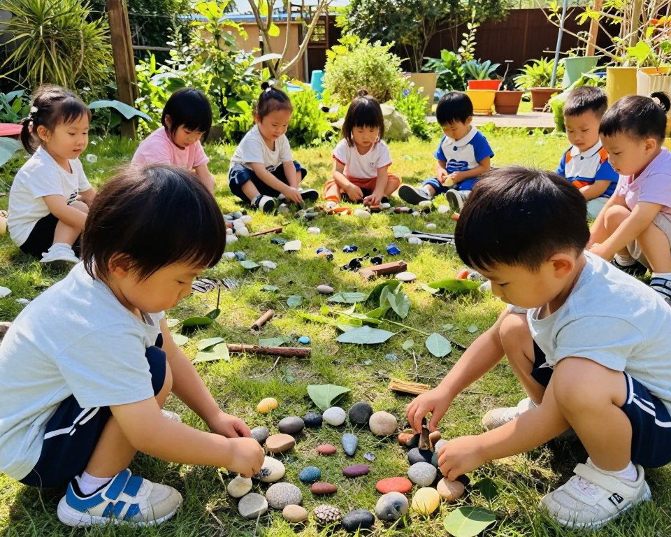 A vibrant scene depicting a diverse group of toddlers joyfully engaging in child-led play with natural materials like sticks, leaves, and stones. In the foreground, two children are focused on building a structure from colorful pebbles and twigs, their expressions filled with curiosity and delight. The middle ground features a soft, grassy area with various textures of natural elements scattered around, inviting exploration. In the background, a sunlit garden with gentle greenery and wildflowers creates a serene atmosphere. Warm, natural light filters through the trees, casting soft shadows. The composition should be captured from a slightly elevated angle, resembling a candid moment, emphasizing the immersive experience of play and discovery in a Montessori environment.