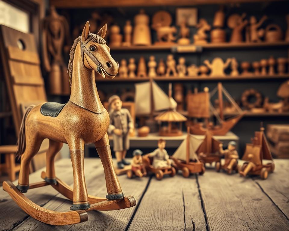 A warm, sepia-toned photograph capturing a collection of historical wooden toys. In the foreground, a delicate wooden rocking horse stands proudly, its intricate carvings and worn finish hinting at its storied past. In the middle ground, a cluster of whimsical wooden figurines - a smiling clown, a quaint carousel horse, and a fleet of miniature sailing ships - are arranged on a weathered wooden table. The background reveals a rustic, dimly lit workshop, its shelves lined with an array of handcrafted wooden creations, each bearing the marks of their makers' skilled hands. The lighting is soft and diffused, casting a nostalgic glow over the scene, evoking a sense of timeless craftsmanship and the enduring legacy of these beloved, artisanal wooden toys. A warm, sepia-toned photograph capturing a collection of historical wooden toys. In the foreground, a delicate wooden rocking horse stands proudly, its intricate carvings and worn finish hinting at its storied past. In the middle ground, a cluster of whimsical wooden figurines - a smiling clown, a quaint carousel horse, and a fleet of miniature sailing ships - are arranged on a weathered wooden table. The background reveals a rustic, dimly lit workshop, its shelves lined with an array of handcrafted wooden creations, each bearing the marks of their makers' skilled hands. The lighting is soft and diffused, casting a nostalgic glow over the scene, evoking a sense of timeless craftsmanship and the enduring legacy of these beloved, artisanal wooden toys.