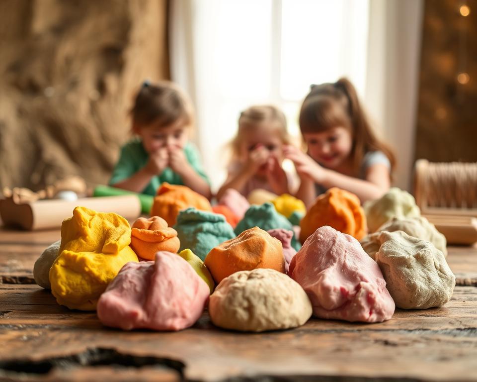 A warm, soft, and inviting image of homemade organic playdough for kids, set against a natural, earthy backdrop. In the foreground, a group of vibrant playdough shapes in various colors, textures, and forms, artfully arranged on a rustic wooden surface. The middle ground features a handful of children's hands gently molding and shaping the dough, their faces obscured but their joy and creativity palpable. In the background, a soft, diffused light filters through a window, casting a gentle glow and lending a sense of tranquility to the scene. The overall mood is one of imagination, tactile exploration, and the simple pleasures of unstructured play. Captured with a high-quality DSLR camera and a prime lens, the image is sharp, well-composed, and evocative of the "Land of Dough: Natural and Nurturing Play" section. A warm, soft, and inviting image of homemade organic playdough for kids, set against a natural, earthy backdrop. In the foreground, a group of vibrant playdough shapes in various colors, textures, and forms, artfully arranged on a rustic wooden surface. The middle ground features a handful of children's hands gently molding and shaping the dough, their faces obscured but their joy and creativity palpable. In the background, a soft, diffused light filters through a window, casting a gentle glow and lending a sense of tranquility to the scene. The overall mood is one of imagination, tactile exploration, and the simple pleasures of unstructured play. Captured with a high-quality DSLR camera and a prime lens, the image is sharp, well-composed, and evocative of the "Land of Dough: Natural and Nurturing Play" section.