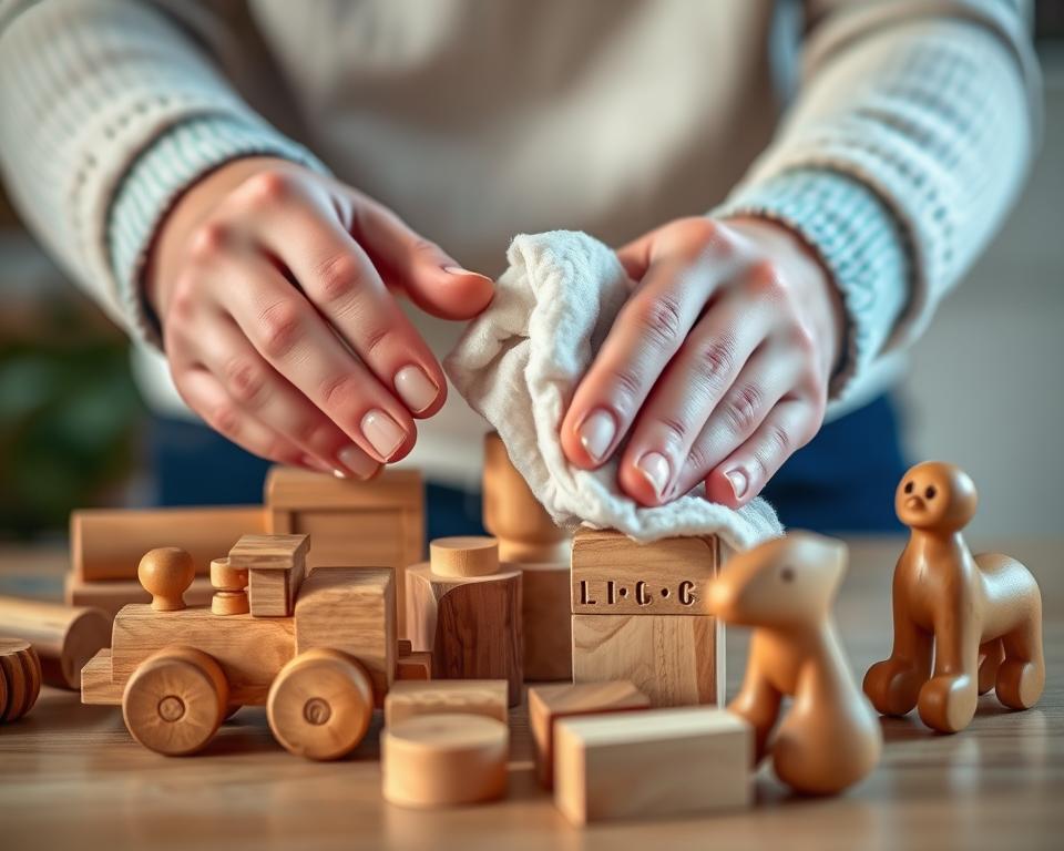 A well-lit, close-up photograph of a person's hands gently cleaning and polishing a collection of wooden toys. The toys include a wooden train, a set of building blocks, and a carved wooden animal figure. The hands use a soft cloth to wipe away any dust or grime, bringing out the natural warmth and texture of the wood. The background is slightly blurred, keeping the focus on the careful, meticulous cleaning process. The image conveys a sense of care and attention, reflecting the importance of properly maintaining and preserving the quality of wooden toys. A well-lit, close-up photograph of a person's hands gently cleaning and polishing a collection of wooden toys. The toys include a wooden train, a set of building blocks, and a carved wooden animal figure. The hands use a soft cloth to wipe away any dust or grime, bringing out the natural warmth and texture of the wood. The background is slightly blurred, keeping the focus on the careful, meticulous cleaning process. The image conveys a sense of care and attention, reflecting the importance of properly maintaining and preserving the quality of wooden toys.