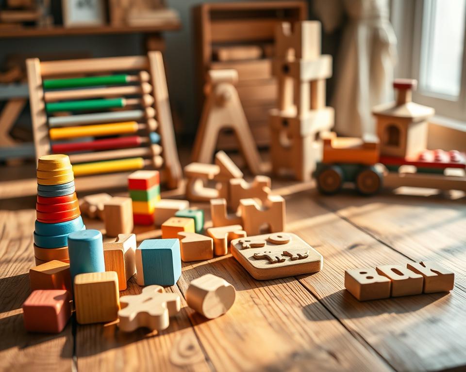 A well-lit, meticulously crafted scene of educational wooden toys on a rustic wooden tabletop. In the foreground, a set of colorful geometric blocks, stacking cups, and a wooden puzzle with animal shapes. In the middle ground, a wooden abacus, a set of wooden letters, and a wooden balance scale. In the background, a wooden building blocks set and a wooden train on a track. The lighting is soft and natural, casting warm shadows and highlights, giving the scene a cozy, inviting atmosphere. Captured with a 50mm lens for a shallow depth of field, drawing the viewer's focus to the intricate details of the toys.