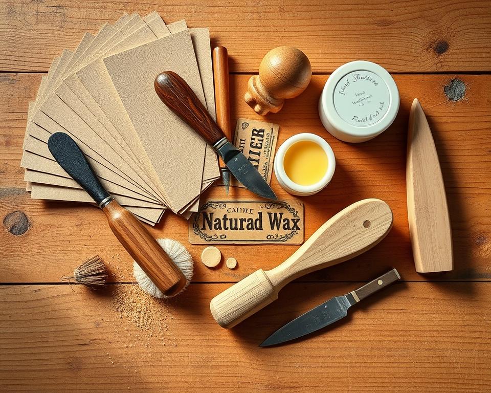 A well-lit still life of an assortment of traditional wooden toy restoration tools neatly arranged on a wooden workbench. Included are a set of fine-grit sandpapers, a small cabinet scraper, a selection of natural wax polishes, a soft bristle brush, and a delicate carving knife. The tools are positioned in a visually appealing composition, with natural shadows and highlights that accentuate their textures and materiality. The overall mood is one of craftsmanship, care, and attention to detail, conveying the artisanal nature of the wooden toy restoration process. A well-lit still life of an assortment of traditional wooden toy restoration tools neatly arranged on a wooden workbench. Included are a set of fine-grit sandpapers, a small cabinet scraper, a selection of natural wax polishes, a soft bristle brush, and a delicate carving knife. The tools are positioned in a visually appealing composition, with natural shadows and highlights that accentuate their textures and materiality. The overall mood is one of craftsmanship, care, and attention to detail, conveying the artisanal nature of the wooden toy restoration process.