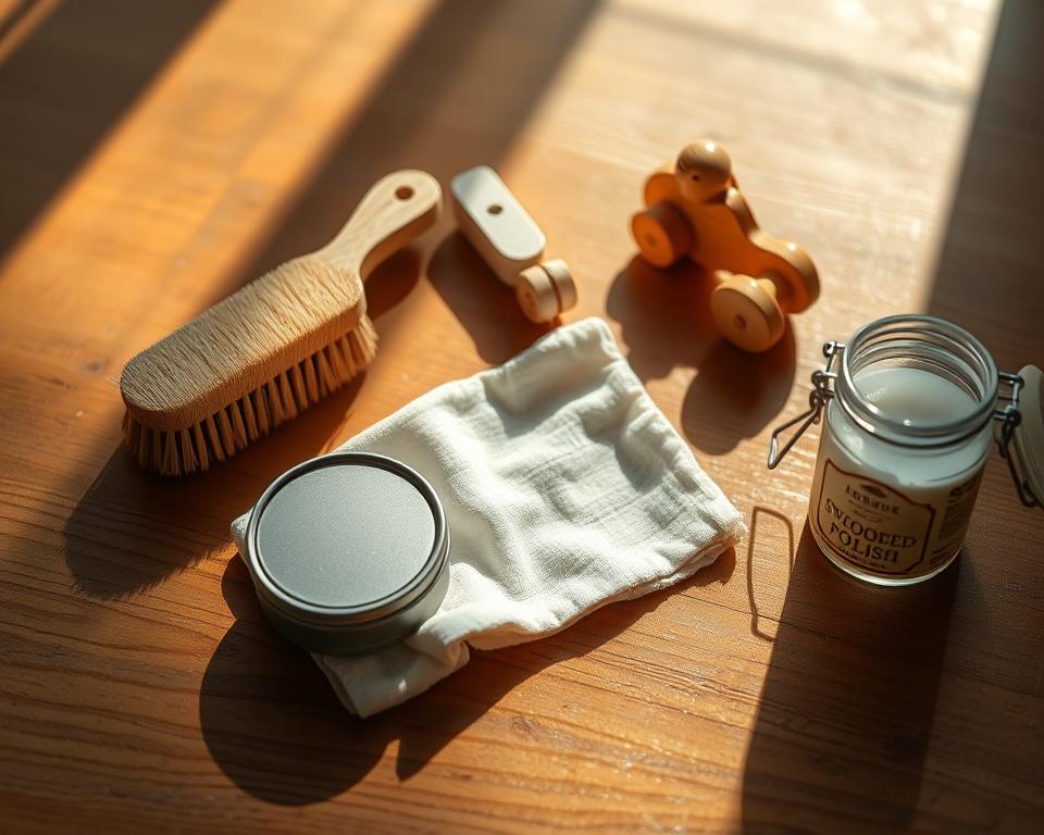 A well-lit wooden table, its surface scattered with an assortment of cleaning supplies for wooden toys - a soft-bristled brush, a clean cloth, a small tin of natural wood polish, and a jar of mild soap flakes. The items are arranged in a visually pleasing, organized manner, casting subtle shadows that add depth and texture to the scene. The lighting is warm and natural, creating a cozy, inviting atmosphere. A vintage-inspired aesthetic permeates the arrangement, hinting at the care and attention required to maintain the beauty of cherished wooden playthings. The overall mood is one of thoughtful preparation, evoking the satisfaction of restoring the luster to beloved, time-worn toys.