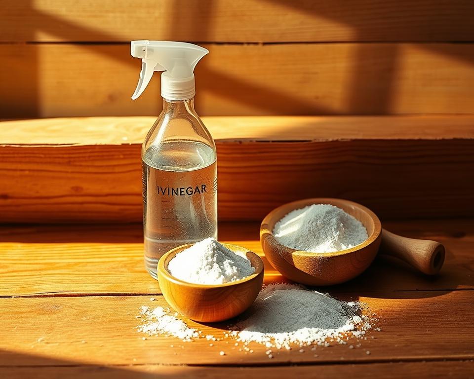 A well-lit wooden table showcasing an assortment of DIY cleaning solutions for mold-affected wooden toys. A glass spray bottle filled with a natural vinegar-based mixture, a small wooden bowl of baking soda, and a soft-bristled scrub brush sit neatly arranged. Warm, directional lighting casts gentle shadows, highlighting the rustic, handcrafted textures. The overall scene conveys a sense of eco-friendly, homespun solutions to the problem of mold and mildew on cherished wooden playthings. Captured with a Canon EOS R5 camera and a 24-70mm f/2.8 lens at f/5.6, 1/60 sec, ISO 400.