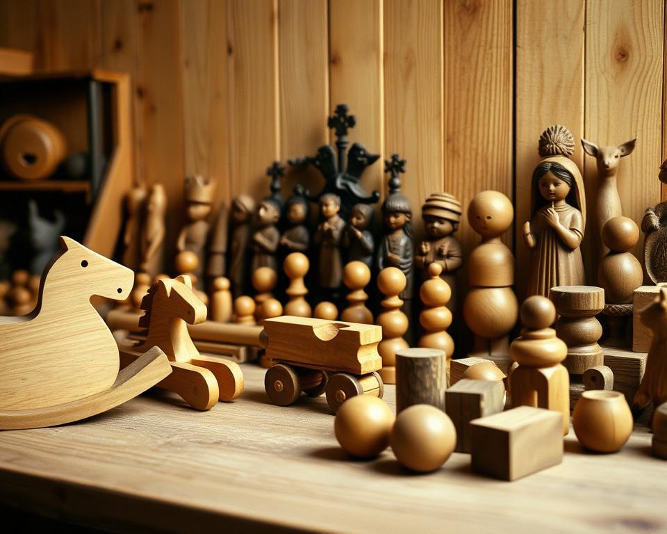A wood-paneled workbench, with an array of hand-carved wooden toys neatly arranged. In the foreground, smooth, rounded softwood toys - a rocking horse, a train, and a set of building blocks. In the middle, intricate hardwood figurines - a detailed chess set, a lifelike animal carving, and a finely sculpted doll. Soft, warm lighting casts gentle shadows, highlighting the natural grain and texture of the materials. A vintage 35mm camera lens captures the scene, creating a shallow depth of field that draws the eye to the subtle differences in craftsmanship and wood types. The overall mood is one of craftsmanship, tradition, and the enduring appeal of handmade wooden toys.