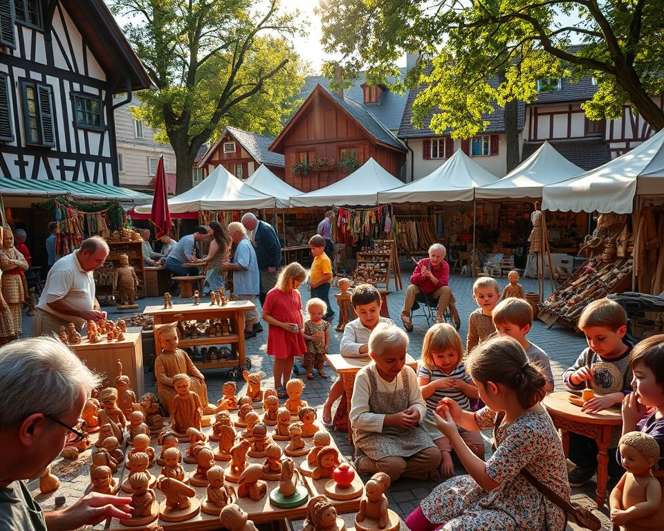 An idyllic village square bustling with a vibrant festival celebrating the art of wooden toys. In the foreground, artisans carefully craft intricate figurines, their nimble hands shaping the rich, textured wood. The middle ground is alive with joyful children playing with an array of brightly colored pull-toys, spinning tops, and handcarved dolls. In the background, tents and stalls display an eclectic mix of handmade treasures, from carved animals to whimsical musical instruments. Warm, golden sunlight filters through the trees, casting a soft, nostalgic glow over the scene. A Canon EOS R6 with a 24-105mm f/4L lens captures the timeless essence of this celebration of folk tradition and the enduring allure of wooden toys.