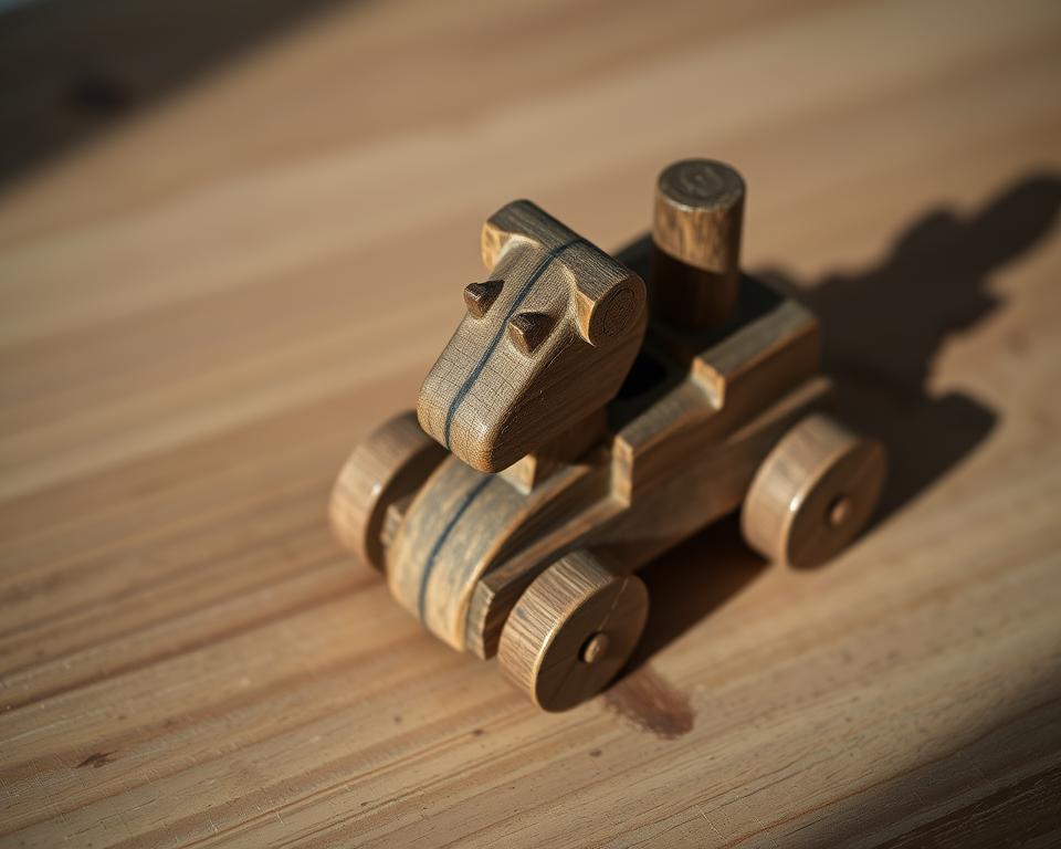 Detailed close-up photograph of a weathered wooden toy mold, shot with a Canon EOS R5 camera and a 100mm macro lens. The mold is situated on a plain wooden surface, illuminated by soft, natural side lighting that casts subtle shadows and highlights the intricate textures of the aging wood. The image has a muted, earthy color palette that conveys a sense of age and decay, drawing the viewer's attention to the early signs of fungal growth on the surface of the mold. The focus is sharp, with a shallow depth of field that isolates the mold against a slightly blurred background, emphasizing its deteriorating condition.