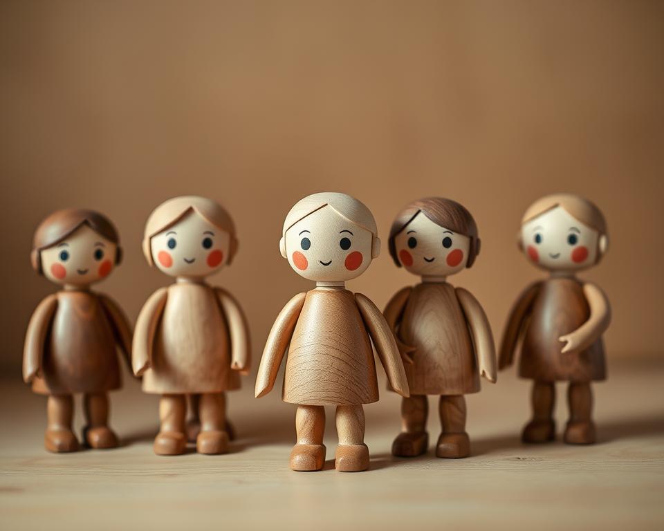 Handcrafted wooden dolls for children, carefully sculpted with intricate details. A warm, natural palette of oak, maple, and birch wood, each doll with its own whimsical expression. Soft, diffused lighting casts gentle shadows, highlighting the artisanal craftsmanship. Shot with a Canon EOS R5 and a 50mm f/1.2 lens, capturing the dolls' delicate features and the tactile quality of the wood. The overall mood is one of enchantment and childhood wonder, inviting the viewer to imagine the stories these dolls might tell. Handcrafted wooden dolls for children, carefully sculpted with intricate details. A warm, natural palette of oak, maple, and birch wood, each doll with its own whimsical expression. Soft, diffused lighting casts gentle shadows, highlighting the artisanal craftsmanship. Shot with a Canon EOS R5 and a 50mm f/1.2 lens, capturing the dolls' delicate features and the tactile quality of the wood. The overall mood is one of enchantment and childhood wonder, inviting the viewer to imagine the stories these dolls might tell.