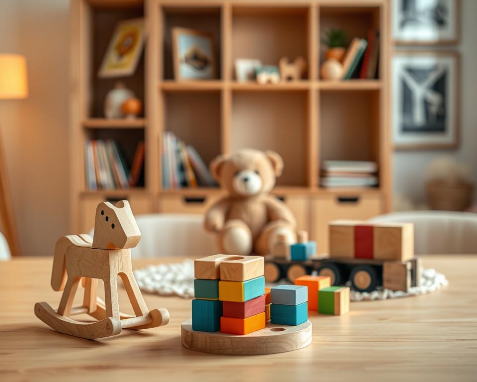 Warm, diffused lighting illuminates a cozy tabletop scene. In the foreground, a collection of age-appropriate wooden toys - a simple rocking horse, a shape-sorting cube, and a set of colorful building blocks. In the middle ground, a small wooden train and a plush teddy bear sit atop a soft, textured rug. The background features a natural wood bookshelf, with a few framed nature prints decorating the walls. The overall atmosphere is one of quiet contemplation, inviting the viewer to imagine a child at play in a nurturing, safe environment.