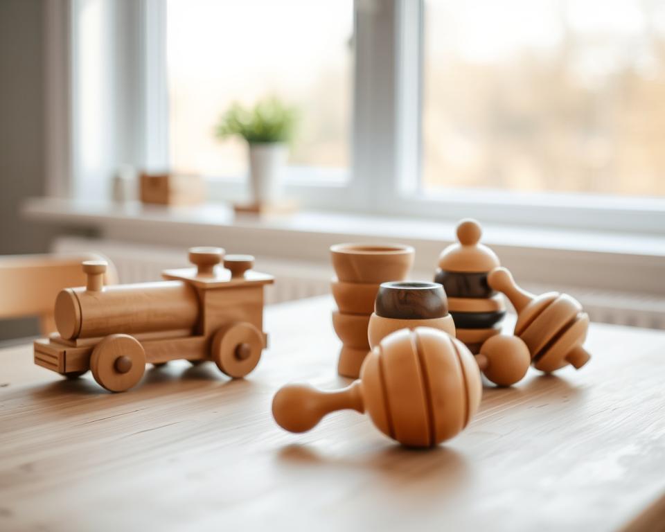 Wooden heirloom toys arranged on a minimalist Scandinavian-style wooden table, illuminated by soft natural lighting from a large window. The toys include a carved wooden train, a set of stacking cups, and a handcrafted wooden rattle. The foreground features the toys in crisp focus, while the background is slightly blurred, creating a sense of depth. The overall scene exudes a timeless, cozy, and inviting atmosphere, capturing the essence of traditional Scandinavian design. Wooden heirloom toys arranged on a minimalist Scandinavian-style wooden table, illuminated by soft natural lighting from a large window. The toys include a carved wooden train, a set of stacking cups, and a handcrafted wooden rattle. The foreground features the toys in crisp focus, while the background is slightly blurred, creating a sense of depth. The overall scene exudes a timeless, cozy, and inviting atmosphere, capturing the essence of traditional Scandinavian design.