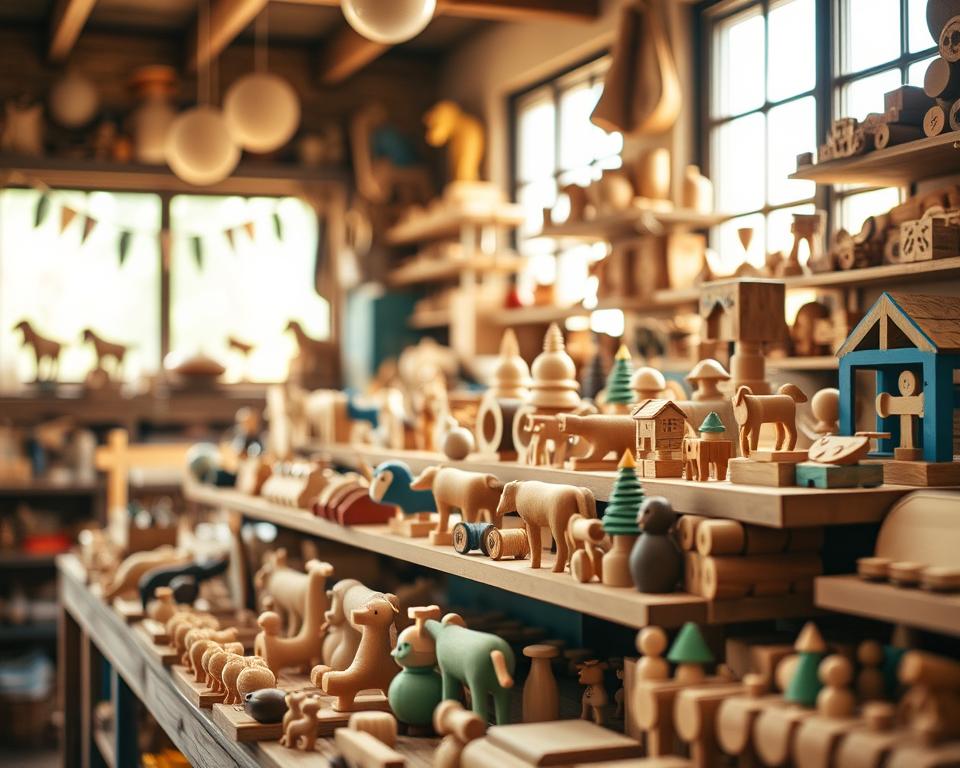 Wooden toy brands, a vibrant display of artistry and innovation. A rustic workshop scene, with handcrafted toys lining the shelves - from whimsical animal figurines to intricate building sets. Warm, natural lighting filters through the windows, casting a cozy glow over the scene. The toys are photographed with a shallow depth of field, allowing the foreground to stand out sharply while the background blurs, creating a sense of depth and focus. Captured with a vintage-inspired DSLR lens, the image conveys a timeless, artisanal aesthetic that perfectly suits the subject matter. The overall mood is one of creativity, nostalgia, and the joy of play.