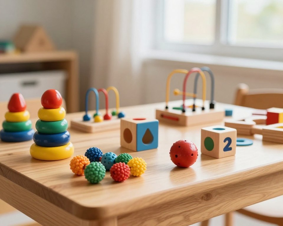 A beautifully arranged display of various Montessori toys designed for fine motor development, positioned on a wooden play table. In the foreground, colorful stacking blocks, textured beads, and a shape-sorting cube invite tactile exploration. The middle ground showcases a variety of handcrafted wooden puzzles and threading activities, each designed to engage young minds and enhance dexterity. The background features softly blurred details of a cozy playroom with warm, natural lighting streaming through a window. Use a 50mm lens for a shallow depth of field, capturing the richness of the wood textures and vibrant colors. The overall mood is inviting and playful, emphasizing a nurturing environment for children to learn through engaging play. A beautifully arranged display of various Montessori toys designed for fine motor development, positioned on a wooden play table. In the foreground, colorful stacking blocks, textured beads, and a shape-sorting cube invite tactile exploration. The middle ground showcases a variety of handcrafted wooden puzzles and threading activities, each designed to engage young minds and enhance dexterity. The background features softly blurred details of a cozy playroom with warm, natural lighting streaming through a window. Use a 50mm lens for a shallow depth of field, capturing the richness of the wood textures and vibrant colors. The overall mood is inviting and playful, emphasizing a nurturing environment for children to learn through engaging play.