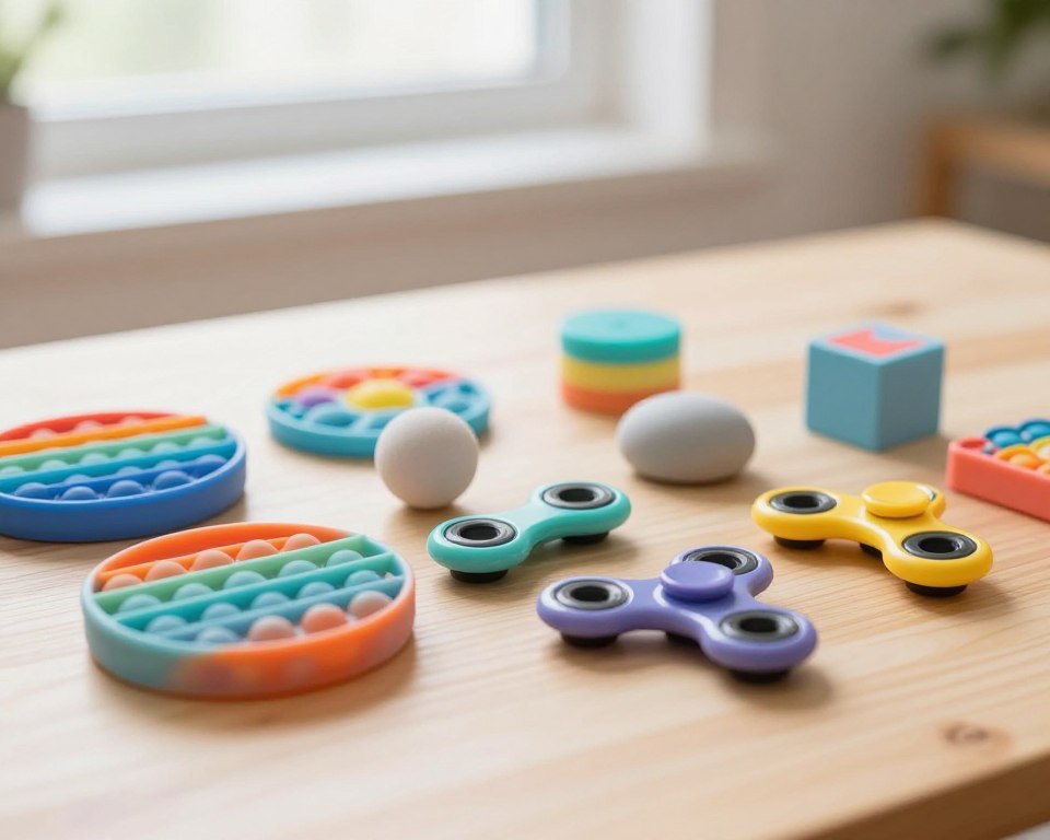 A beautifully arranged display of various silent fidget tools on a bright, clean wooden table. In the foreground, feature an assortment of colorful silicone pop-it toys, soft textured fidget spinners, and quiet squishy stress balls, all styled attractively with a gentle focus. In the middle ground, include a subtle depth of field that hints at additional sensory gadgets like calming putty and fidget cubes. The background showcases a soft, warm glow from natural light streaming through a window, enhancing the inviting atmosphere. The scene is shot with a 50mm lens at f/2.8 to provide a slight bokeh effect, emphasizing the tactile quality of the toys. Aim for a calm, soothing mood that reflects the serenity and focus these tools bring, without including text or distractions.