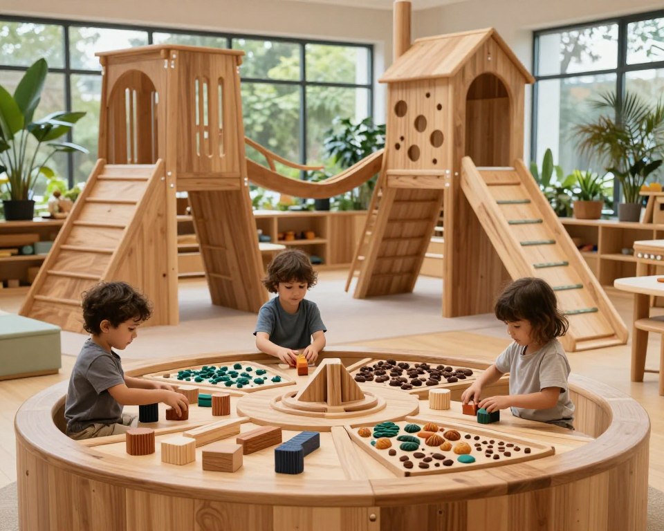 A beautifully designed multi-sensory play space crafted from natural wood, showcasing an array of engaging wooden play structures such as climbing frames, balance beams, and tactile sensory panels. In the foreground, children playing with textured wooden blocks that vary in size and shape, exploring their sensory experience. The middle ground features a well-organized play area with soft, natural lighting filtering through large windows, highlighting the rich grains of the wood. The background includes lush greenery and plant life surrounding the space, creating a calm and inviting atmosphere. The shot is taken with a 35mm lens to capture the details of the wooden textures and the joyful expressions of the children, evoking a sense of creativity and exploration.