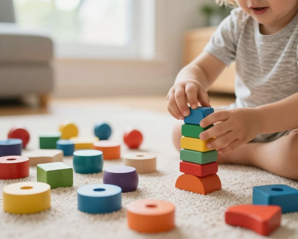 A bright, well-lit scene showcasing a child engaged in sensory integration and fine motor skill development through the use of colorful wooden toys. In the foreground, the child, dressed in casual, modest clothing, is intently stacking various shaped wooden blocks, displaying a focus on tactile exploration. The middle layer features a vibrant assortment of textured wooden toys scattered around, emphasizing various colors and patterns that stimulate the senses. The background gently blurs into a cozy playroom filled with natural light from a nearby window, imparting a warm and inviting atmosphere. Shot with a 50mm lens at f/2.8 to create a soft depth of field, the image captures a sense of joyful learning and discovery, perfect for illustrating the benefits of tactile learning. A bright, well-lit scene showcasing a child engaged in sensory integration and fine motor skill development through the use of colorful wooden toys. In the foreground, the child, dressed in casual, modest clothing, is intently stacking various shaped wooden blocks, displaying a focus on tactile exploration. The middle layer features a vibrant assortment of textured wooden toys scattered around, emphasizing various colors and patterns that stimulate the senses. The background gently blurs into a cozy playroom filled with natural light from a nearby window, imparting a warm and inviting atmosphere. Shot with a 50mm lens at f/2.8 to create a soft depth of field, the image captures a sense of joyful learning and discovery, perfect for illustrating the benefits of tactile learning.