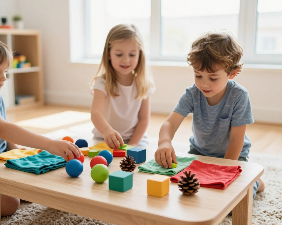 A brightly lit, inviting playroom scene showcasing children engrossed in sensory play using a variety of colorful wooden toys. In the foreground, a wooden table holds an assortment of textured blocks, sensory balls, and natural items like pine cones and fabrics, with little hands reaching out to explore them. In the middle ground, two children, a girl and a boy, dressed in modest casual clothing, are kneeling on a soft, textured rug, deeply engaged in their exploration. The background features a sunlit window, with soft rays illuminating the room, creating a warm and cheerful atmosphere. The image should be captured with a 50mm lens, using a shallow depth of field to emphasize the children's joyful expressions and the tactile wonder of the toys, evoking a sense of discovery and creativity through sensory play.