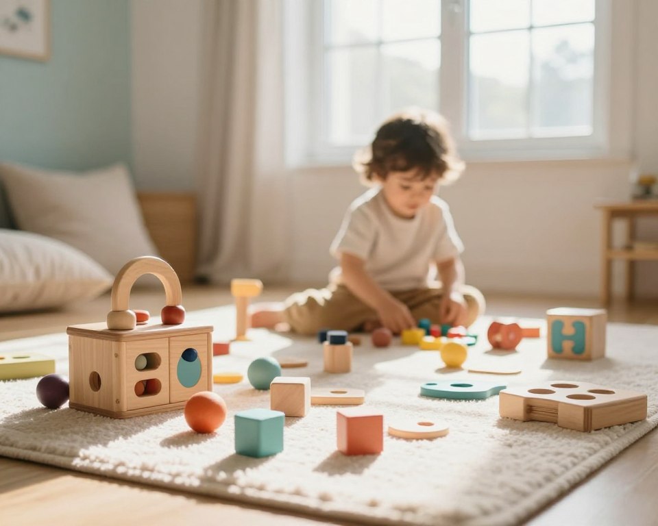 A cozy indoor scene focused on a bright, inviting play area designed for sensory experiences. In the foreground, a variety of beautifully crafted wooden toys in warm, natural tones, including blocks, puzzles, and sensory materials arranged thoughtfully on a soft, textured rug. The middle ground features a playful child engaged in exploration, dressed in modest, casual clothing, sitting amidst the toys. In the background, sun streams through a large window, casting gentle light that highlights the playful atmosphere, with soft pastel-colored walls and comfy cushions scattered around, creating a warm, nurturing environment. The overall mood is joyful and serene, evoking a sense of wonder and creativity. Shot with a 50mm lens, shallow depth of field, emphasizing the toys and the child's engagement.