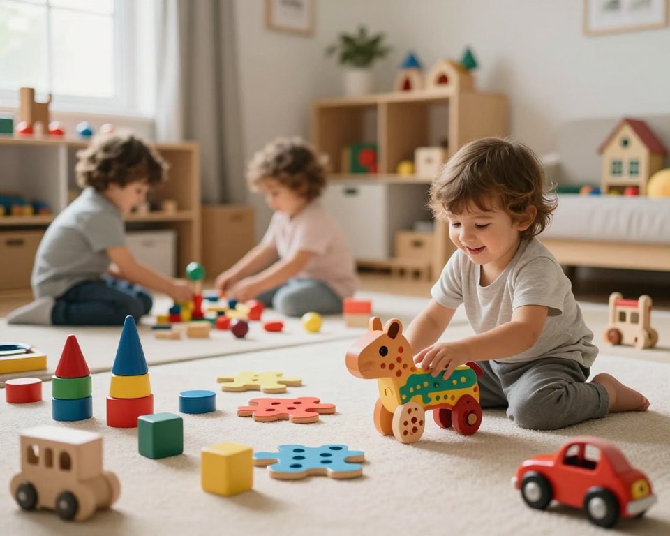 A cozy, inviting playroom filled with a variety of colorful wooden toys, including stacking blocks, textured puzzle pieces, and small cars. In the foreground, a cheerful child interacts with a vibrant, multi-textured wooden animal while others are seen exploring different toys, enhancing their sensory experience. Soft natural light filters through a window, creating a warm and engaging atmosphere. The background features neatly arranged shelves displaying more wooden toys, subtly blurring to focus on the children. Use a wide-angle lens to capture the entire playroom and emphasize the spaciousness, ensuring a sense of joy and exploration. The overall scene conveys a nurturing environment that highlights the benefits of wooden toys for sensory development. A cozy, inviting playroom filled with a variety of colorful wooden toys, including stacking blocks, textured puzzle pieces, and small cars. In the foreground, a cheerful child interacts with a vibrant, multi-textured wooden animal while others are seen exploring different toys, enhancing their sensory experience. Soft natural light filters through a window, creating a warm and engaging atmosphere. The background features neatly arranged shelves displaying more wooden toys, subtly blurring to focus on the children. Use a wide-angle lens to capture the entire playroom and emphasize the spaciousness, ensuring a sense of joy and exploration. The overall scene conveys a nurturing environment that highlights the benefits of wooden toys for sensory development.