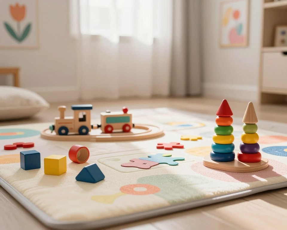 A cozy playroom scene featuring an array of cognitive development wooden toys neatly arranged on a soft, colorful play mat. In the foreground, there are building blocks, a shape sorter, and a stacking toy, each crafted from natural wood with vibrant, non-toxic paint. The middle ground showcases a small wooden train set and puzzle pieces, inviting curiosity and interaction. In the background, soft, diffused sunlight filters through sheer curtains, casting gentle shadows that create a warm and inviting atmosphere. The room is decorated with pastel wall art and a plush rug, enhancing the feeling of a safe learning environment. Use a 50mm lens for a shallow depth of field, focusing on the toys, while softly blurring the background to elevate the subject’s significance. A cozy playroom scene featuring an array of cognitive development wooden toys neatly arranged on a soft, colorful play mat. In the foreground, there are building blocks, a shape sorter, and a stacking toy, each crafted from natural wood with vibrant, non-toxic paint. The middle ground showcases a small wooden train set and puzzle pieces, inviting curiosity and interaction. In the background, soft, diffused sunlight filters through sheer curtains, casting gentle shadows that create a warm and inviting atmosphere. The room is decorated with pastel wall art and a plush rug, enhancing the feeling of a safe learning environment. Use a 50mm lens for a shallow depth of field, focusing on the toys, while softly blurring the background to elevate the subject’s significance.