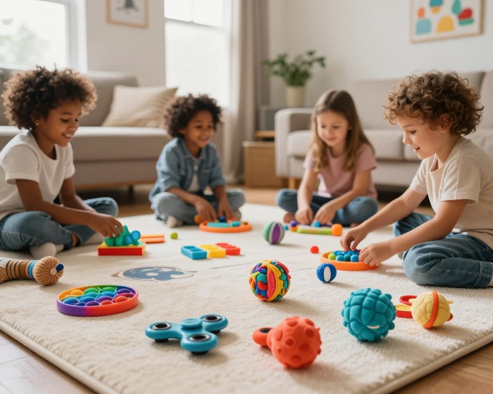 A cozy, well-lit living room setting, featuring a diverse array of quiet sensory toys scattered across a soft, textured play mat. In the foreground, a close-up of colorful fidget spinners, squishy stress balls, and textured fabric toys invite interaction. In the middle ground, children of diverse ethnic backgrounds, dressed in modest casual clothing, are engaged in imaginative play, using the sensory tools creatively. They are laughing and sharing, creating a positive atmosphere. The warm, natural lighting enhances the inviting feel of the space, coming through large windows adorned with light curtains. In the background, cozy furniture and playful wall art complement the theme, creating an enriching environment for sensory exploration. Shot with a 50mm lens to capture soft depth of field, emphasizing the joyful details of the scene.