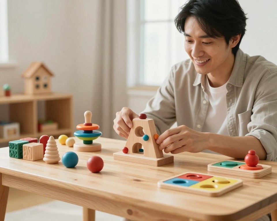 A cozy, well-lit wooden table serves as the foreground, showcasing an array of beautifully crafted wooden toys designed for sensory-seeking children, including textured blocks, spinning tops, and colorful puzzles. In the middle, a thoughtful adult, dressed in modest casual clothing, examines a toy with a warm smile, radiating a sense of joy and care. In the background, a softly blurred playroom appears, filled with natural light streaming through a window, illuminating the toys and creating a cheerful, inviting atmosphere. The focus is sharp on the toys and the adult, using a 50mm lens for a realistic depth of field. The overall mood is serene and playful, embodying the essence of thoughtful selection in finding the perfect wooden toys. A cozy, well-lit wooden table serves as the foreground, showcasing an array of beautifully crafted wooden toys designed for sensory-seeking children, including textured blocks, spinning tops, and colorful puzzles. In the middle, a thoughtful adult, dressed in modest casual clothing, examines a toy with a warm smile, radiating a sense of joy and care. In the background, a softly blurred playroom appears, filled with natural light streaming through a window, illuminating the toys and creating a cheerful, inviting atmosphere. The focus is sharp on the toys and the adult, using a 50mm lens for a realistic depth of field. The overall mood is serene and playful, embodying the essence of thoughtful selection in finding the perfect wooden toys.